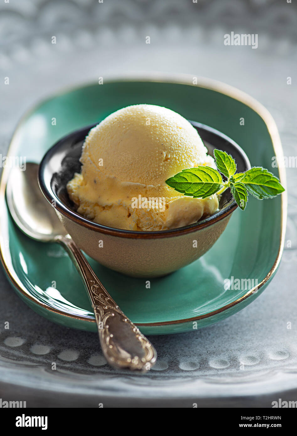 Glace vanille bio faits maison écope dans tasse Banque D'Images