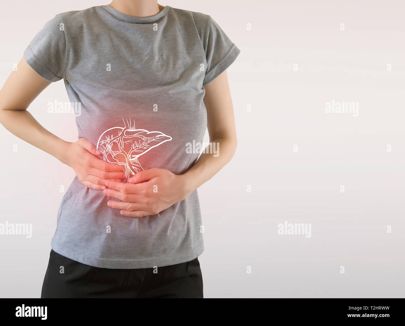 Mise en évidence de foie douloureux de femme / Santé & médical concept Banque D'Images