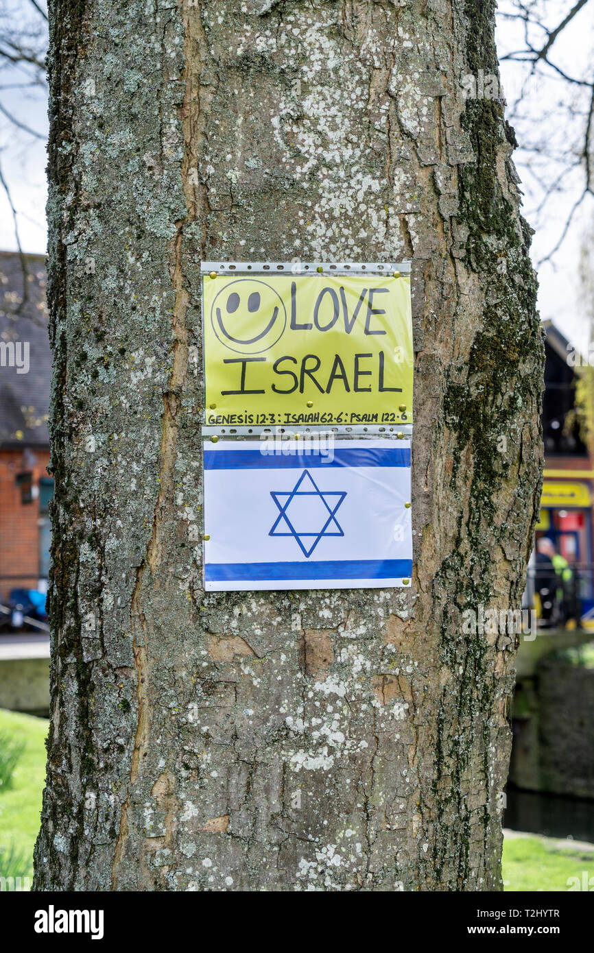 Aiment Israël flyer avec smiley face épinglé à un arbre avec l'étoile de David ci-dessous Banque D'Images
