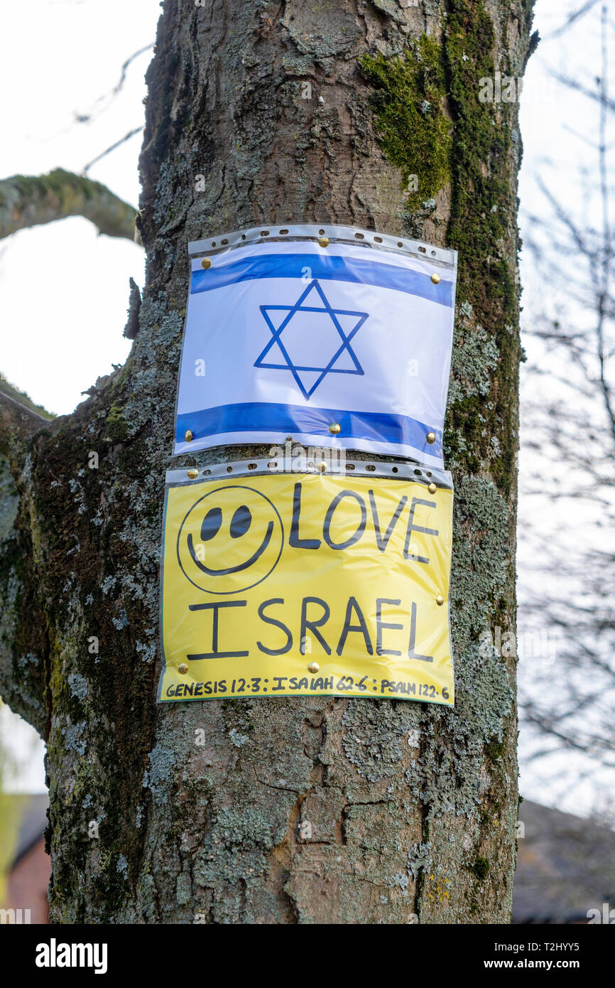 Aiment Israël flyer avec smiley face épinglé à un arbre avec l'étoile de David ci-dessous Banque D'Images