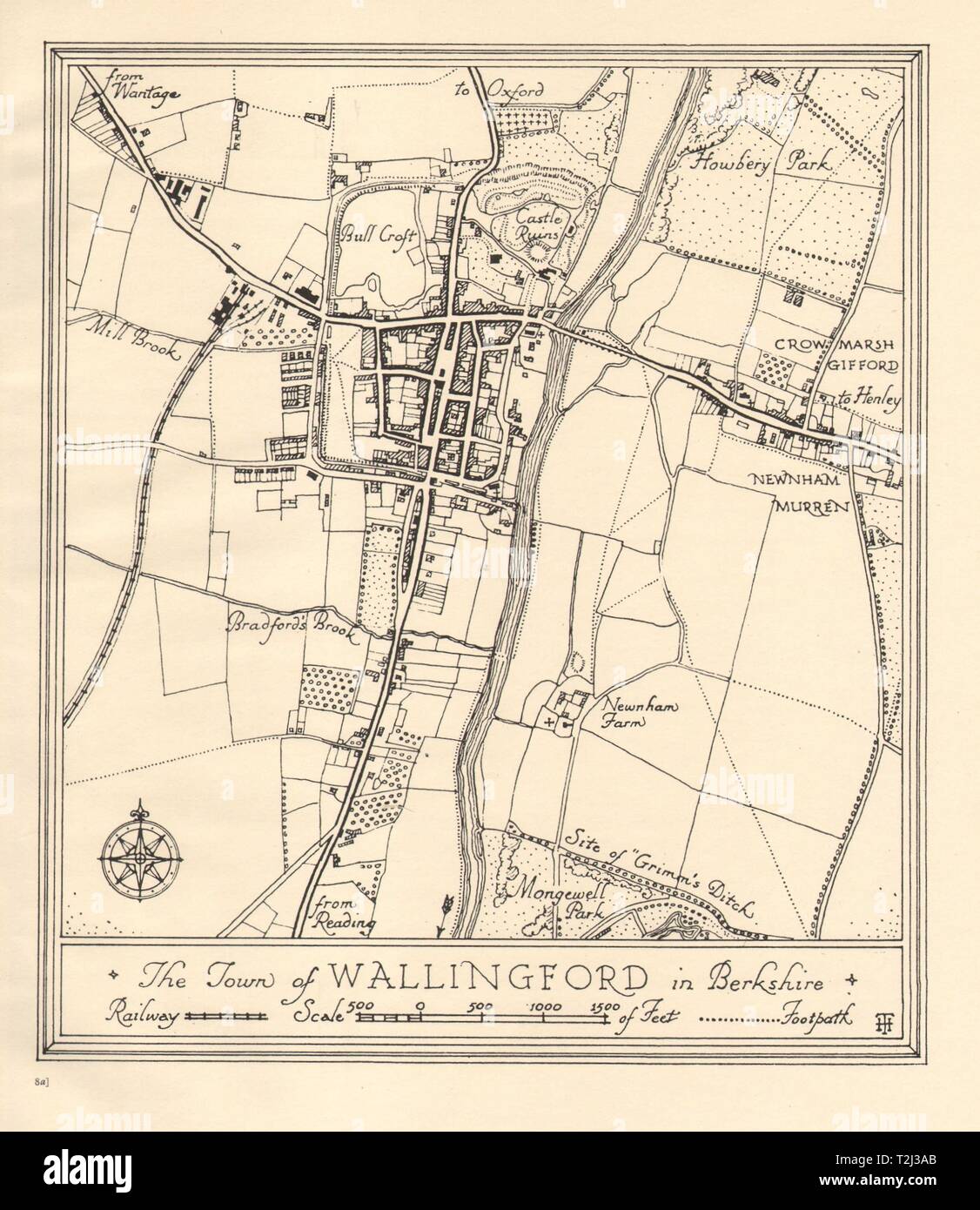 Plan de la ville de Wallingford, Oxfordshire. 1929 Thames Valley old vintage map Banque D'Images