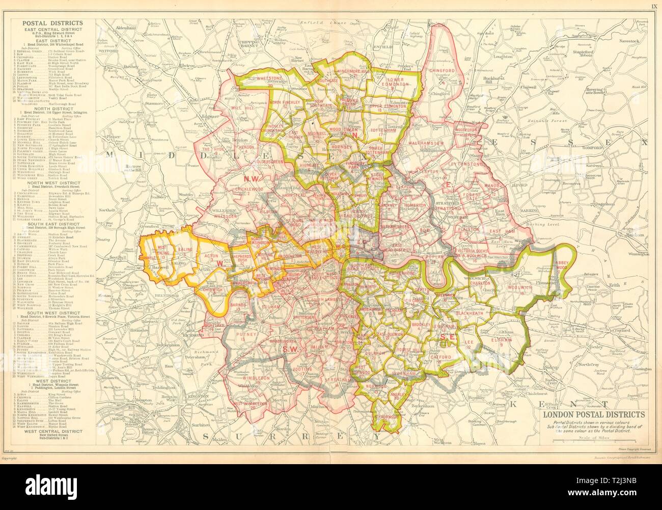 Les districts postaux de Londres. Zones de code post. N NO O SO SE E. BACON 1934 Ancien site Banque D'Images