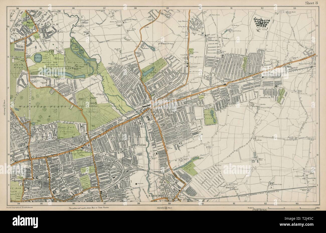 Les aboiements d'ILFORD WANSTEAD Forest Gate sept rois Chadwell Heath. BACON 1919 map Banque D'Images