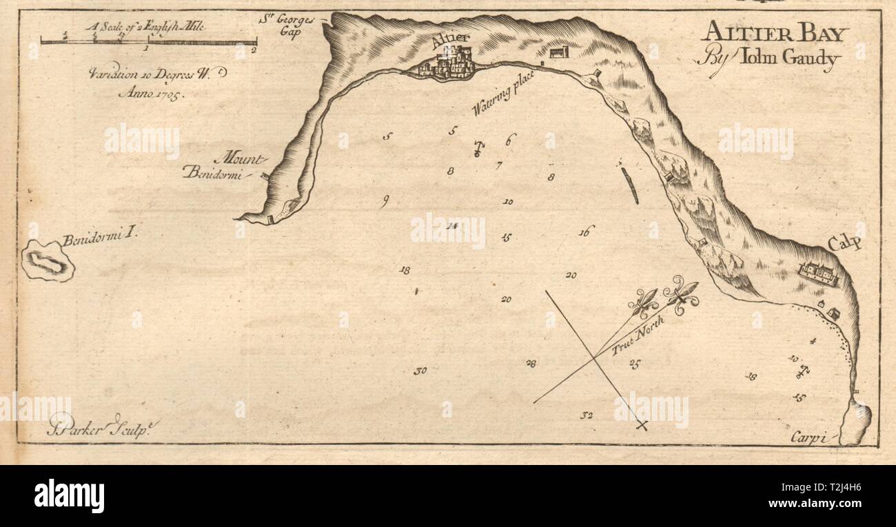 L'Altier 'bay'. Benidorm, Altea et Calp. Mer & littoral criardes vieille carte graphique 1747 Banque D'Images