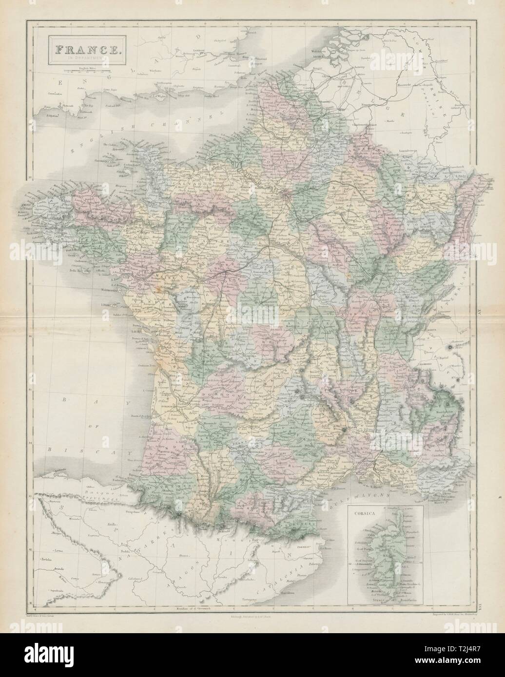 La France en départements montrant les chemins de fer. SIDNEY HALL 1856 ancienne carte Banque D'Images