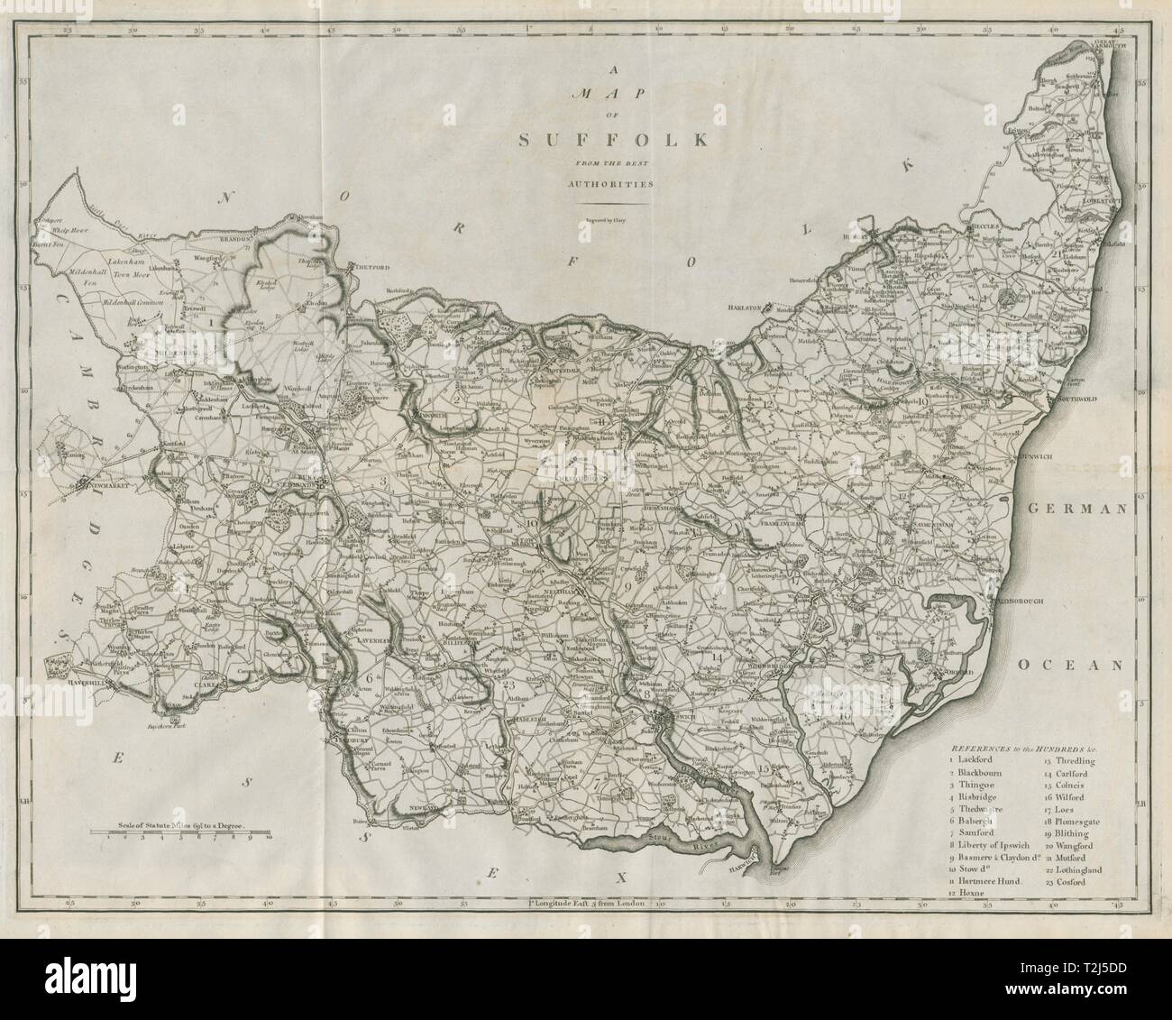 'Une carte de Suffolk à partir de la meilleure des autorités. Carte du comté. CARY 1789 ancien Banque D'Images