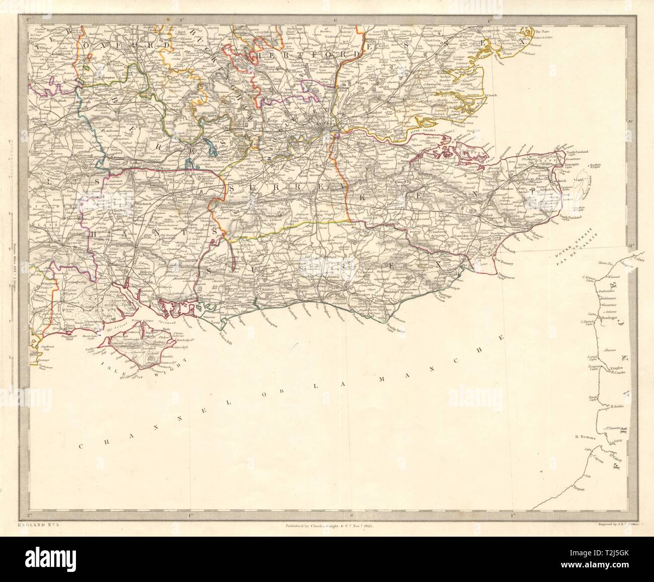 Sud Est de l'Angleterre. London & Home Counties. Chemins de fer. Côte sud. Carte 1845 SDUK Banque D'Images