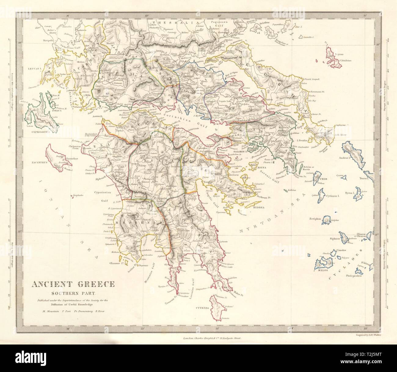 La Grèce antique au sud. Cyclades Athènes Attique Péloponnèse. 1845 SDUK ancienne carte Banque D'Images
