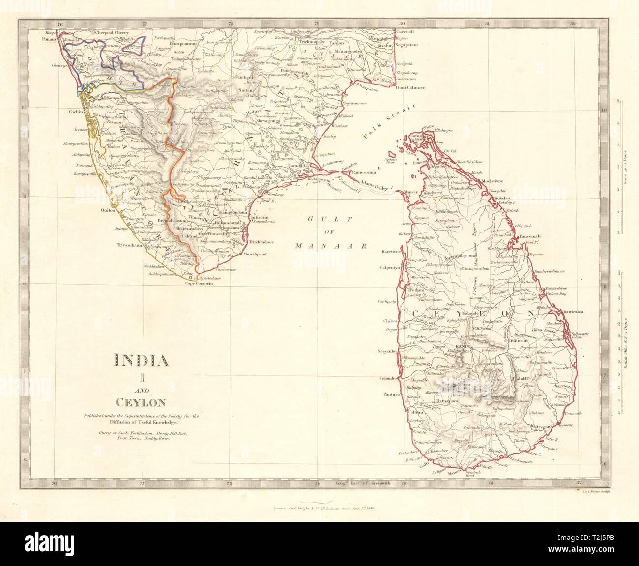 L'INDE DU SUD I. & Ceylan. Sri Lanka Kochi Travancore carnatique. Carte 1846 SDUK Banque D'Images