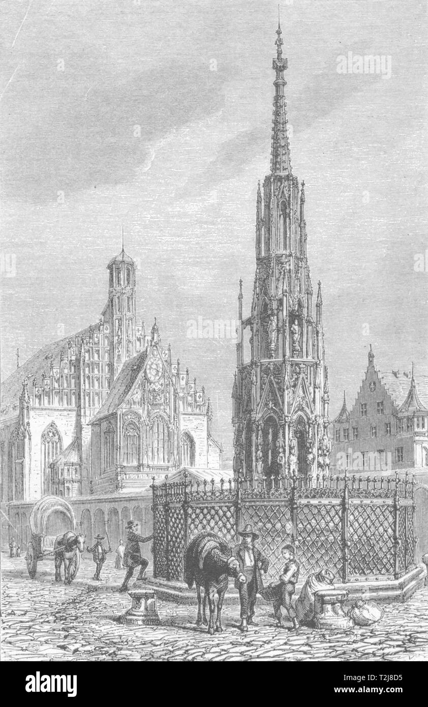 L'Allemagne. Nuremberg. Le Schonebrunnen et Marien-Kirche c1893 Cartouche d'impression Banque D'Images