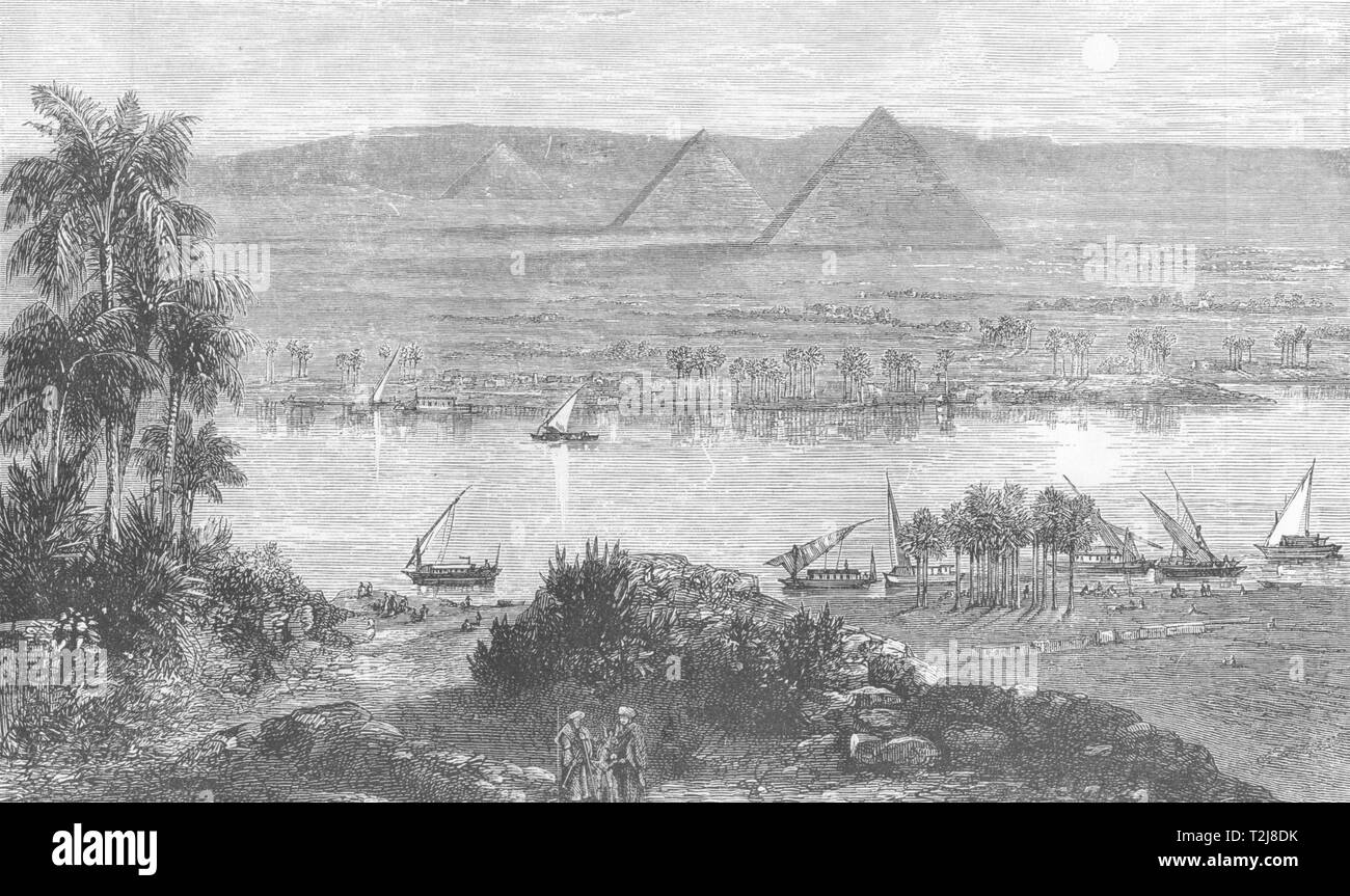 L'Égypte. Les Pyramides de Gizeh, à partir de la rive Est du Nil c1893 Cartouche d'impression Banque D'Images
