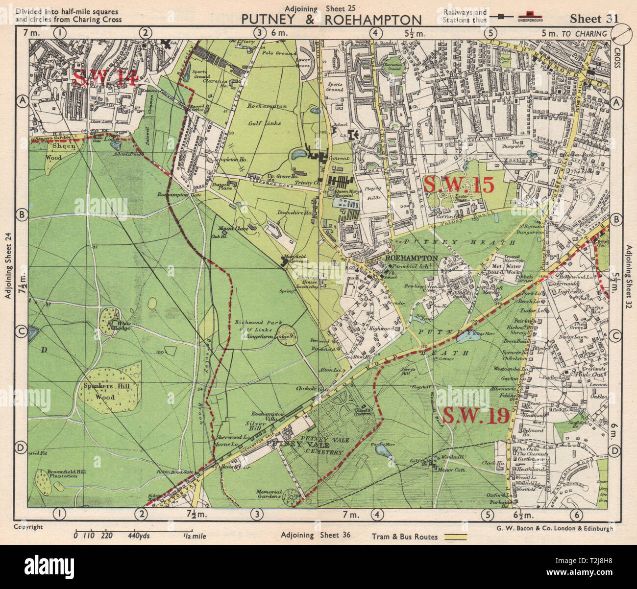 SW Londres. Roehampton Putney Richmond Park Wimbledon Common. BACON 1948 map Banque D'Images