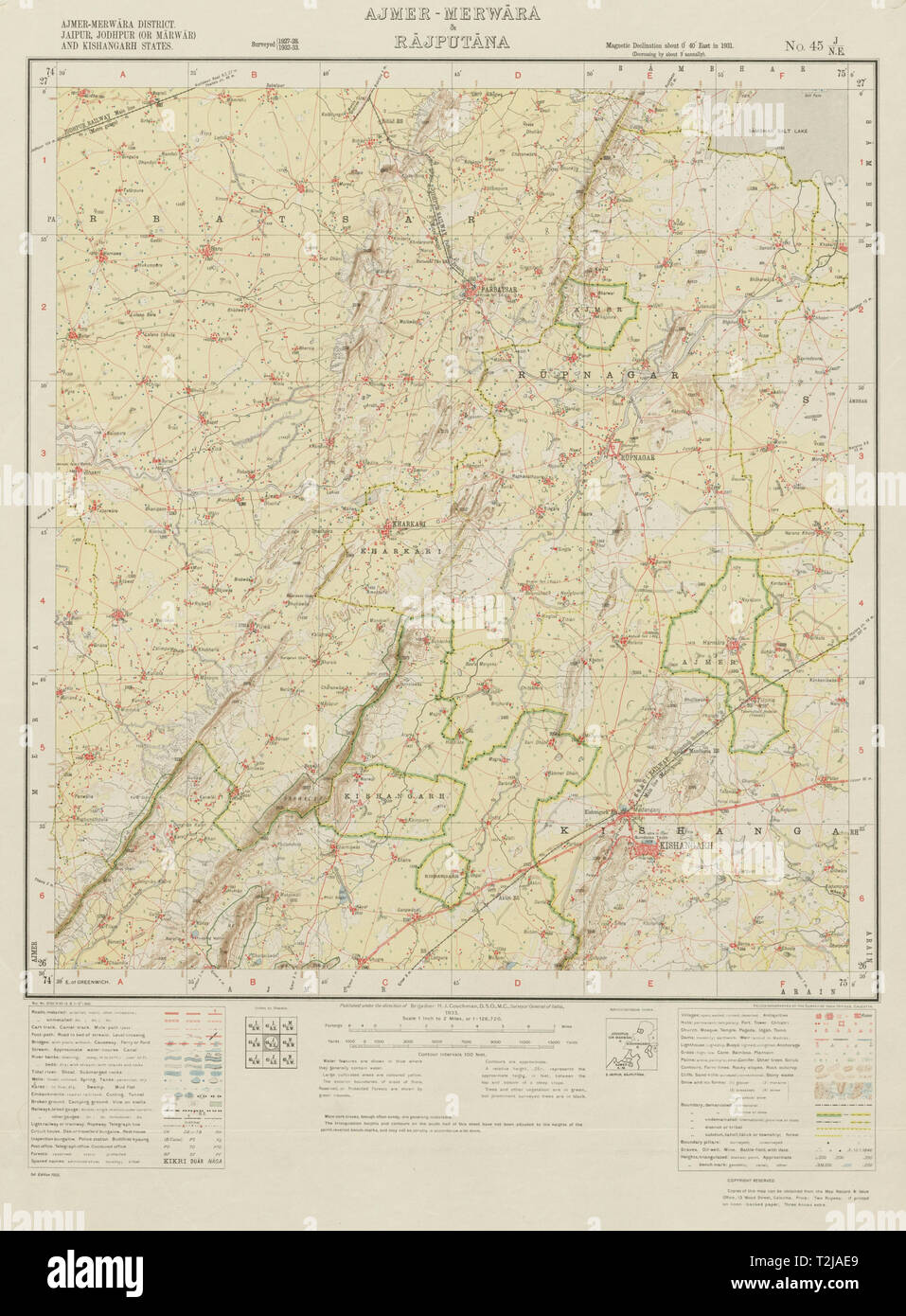SURVEY OF INDIA 45 J/NW Rajasthan Kishangarh Parbatsar Roopangarh 1933 carte ancienne Banque D'Images