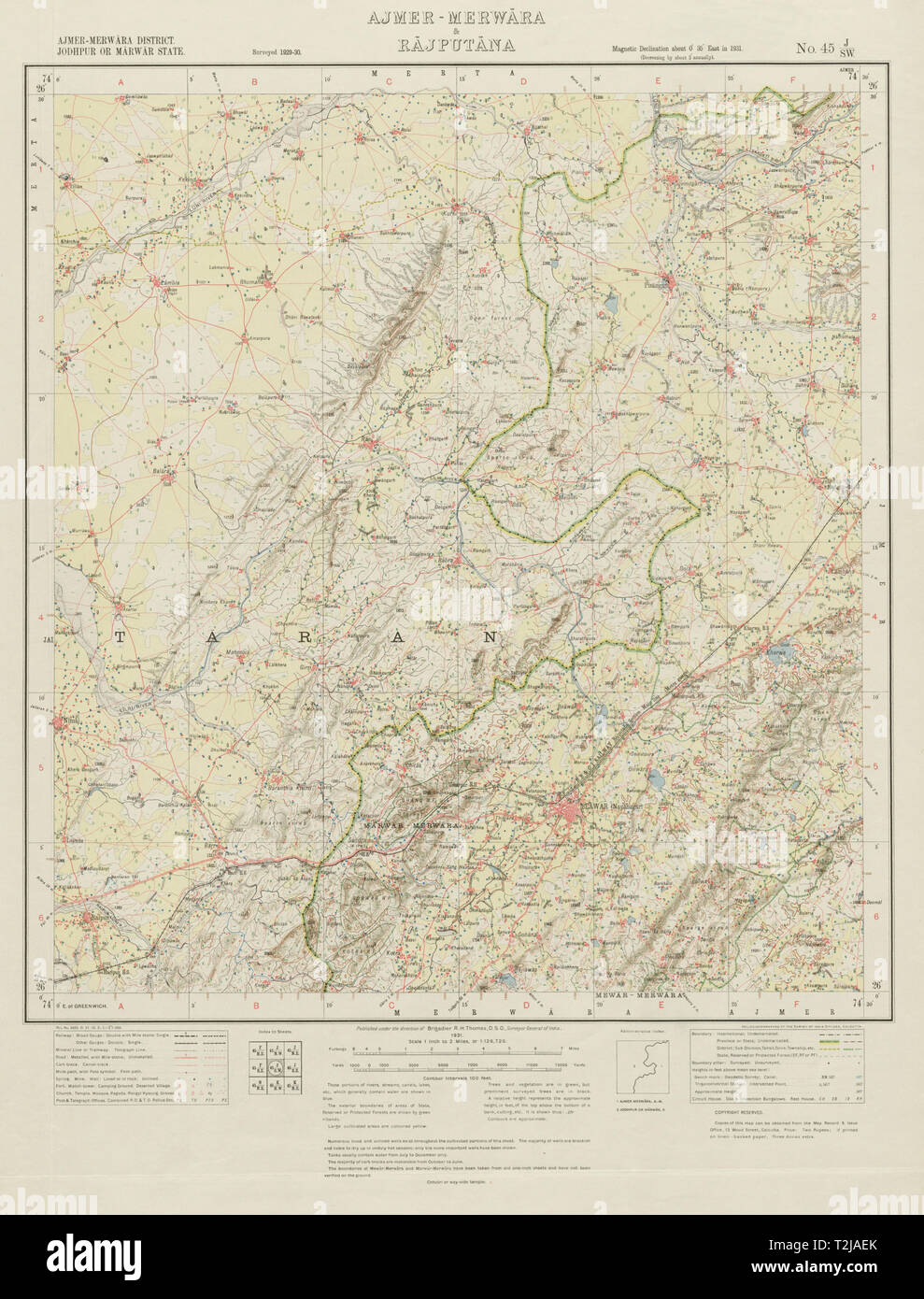 SURVEY OF INDIA 45 J/SW Rajasthan Beawar Nimaaj Pisangan Bar Fort Ras carte 1931 Banque D'Images