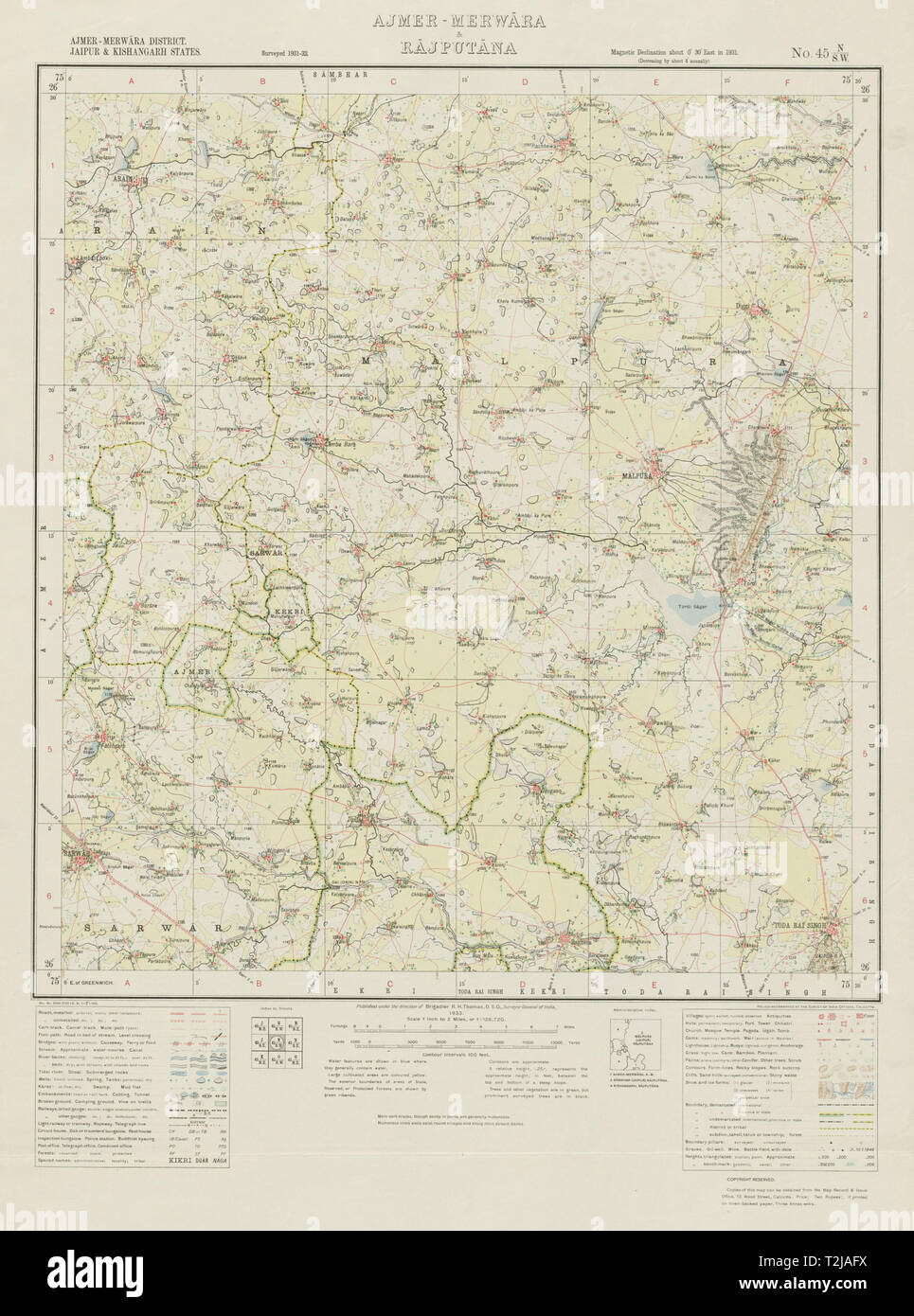 SURVEY OF INDIA 45 N/SW Rajasthan Malpura Todaraisingh Junia Sarwar 1933 map Banque D'Images