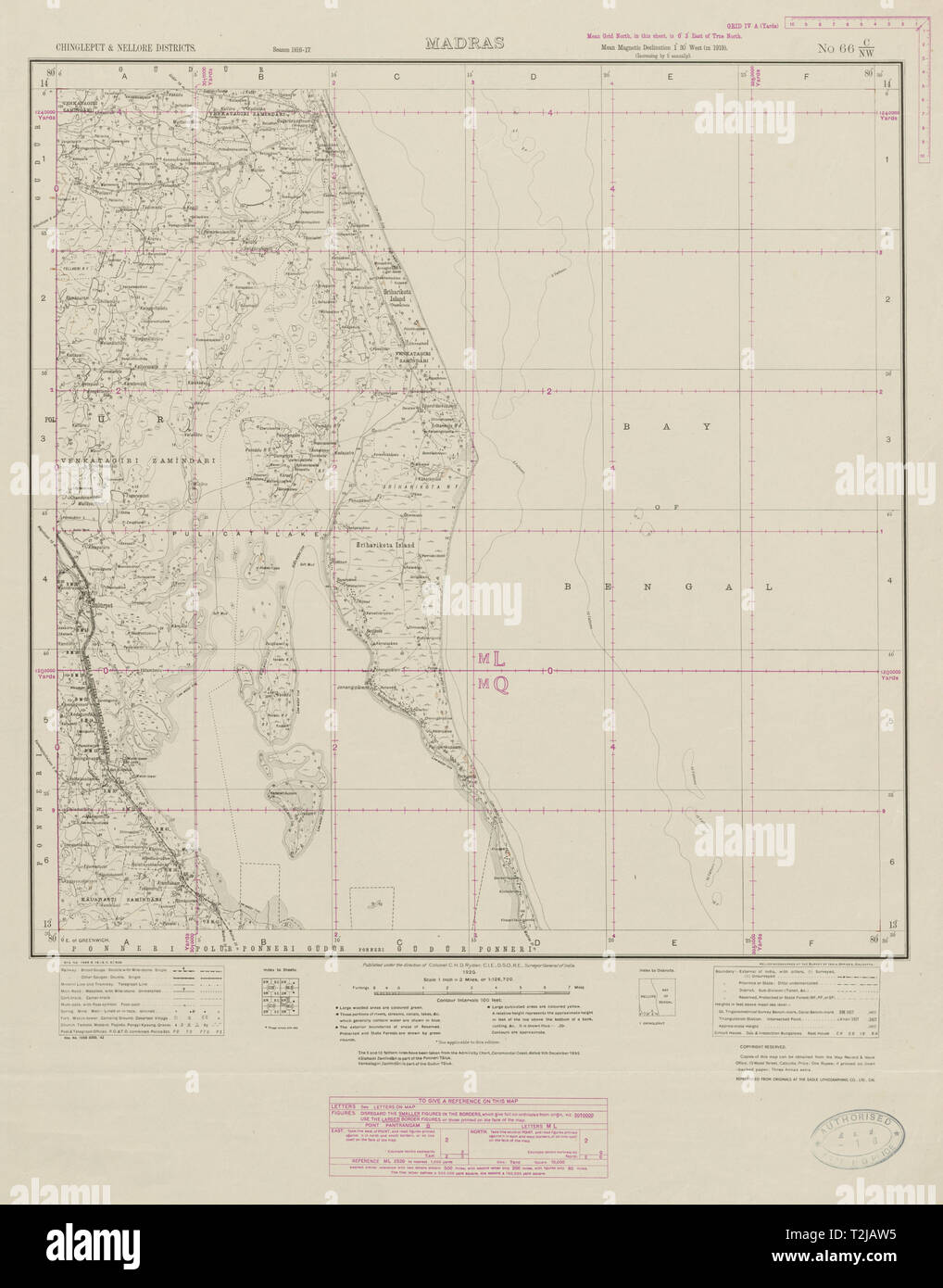 SURVEY OF INDIA 66 C/W Andhra Pradesh Lac Pulicat Mallamu 1920 Sriharikota site Banque D'Images