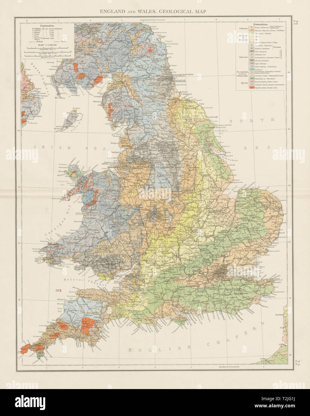 Angleterre et Pays de Galles, carte géologique. Les temps anciens graphique plan 1900 Banque D'Images