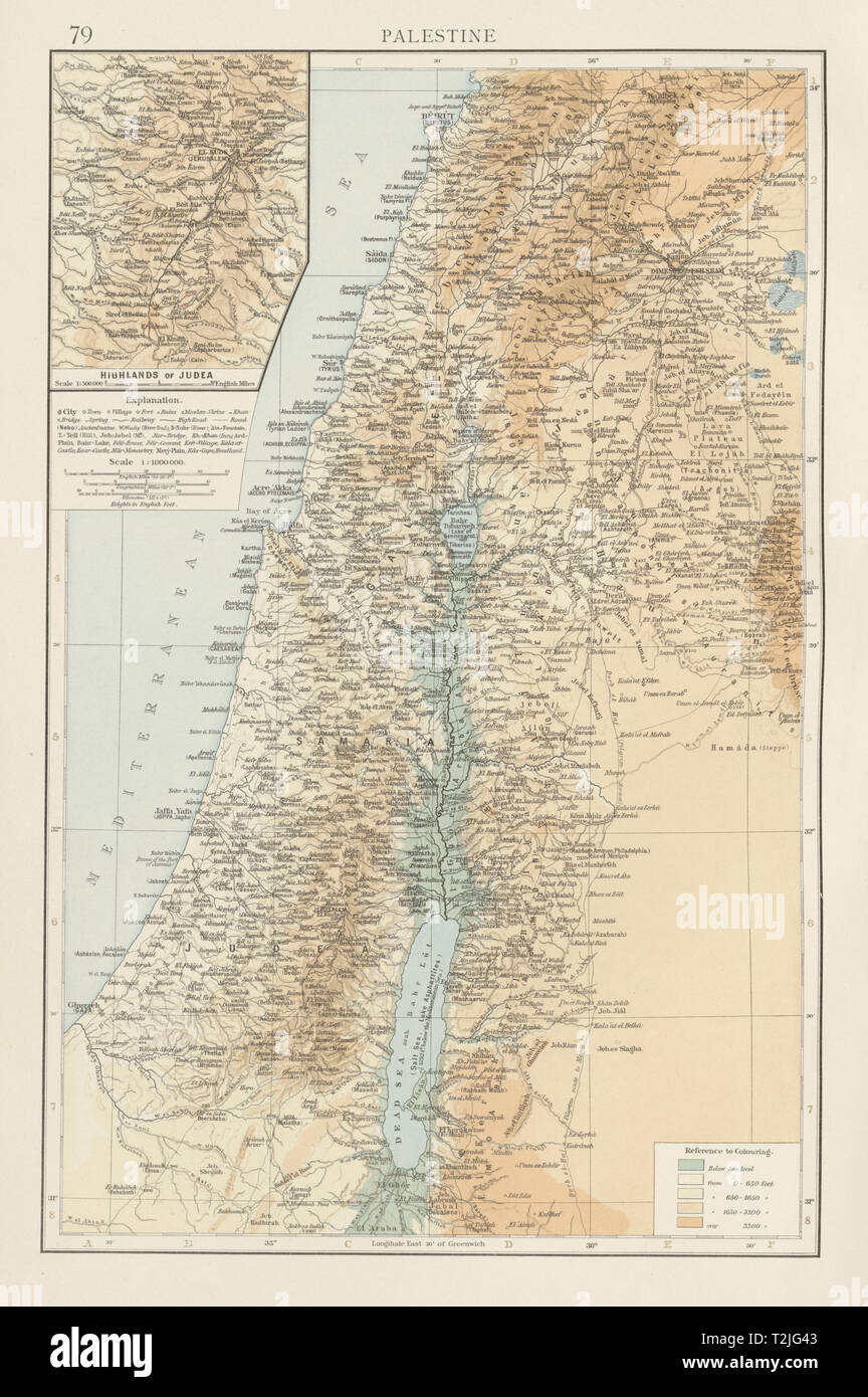 La Palestine. La Judée highlands. L'ancienne et les noms arabes. Terre sainte. Fois la carte 1900 Banque D'Images