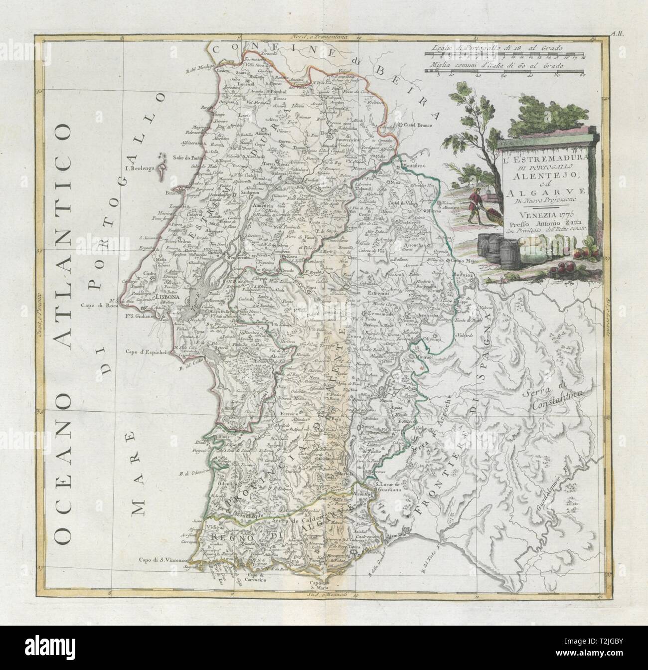 'L'Estremadura di Portogallo, Allentejo' Algarve, Portugal Sud. ZATTA 1779 map Banque D'Images