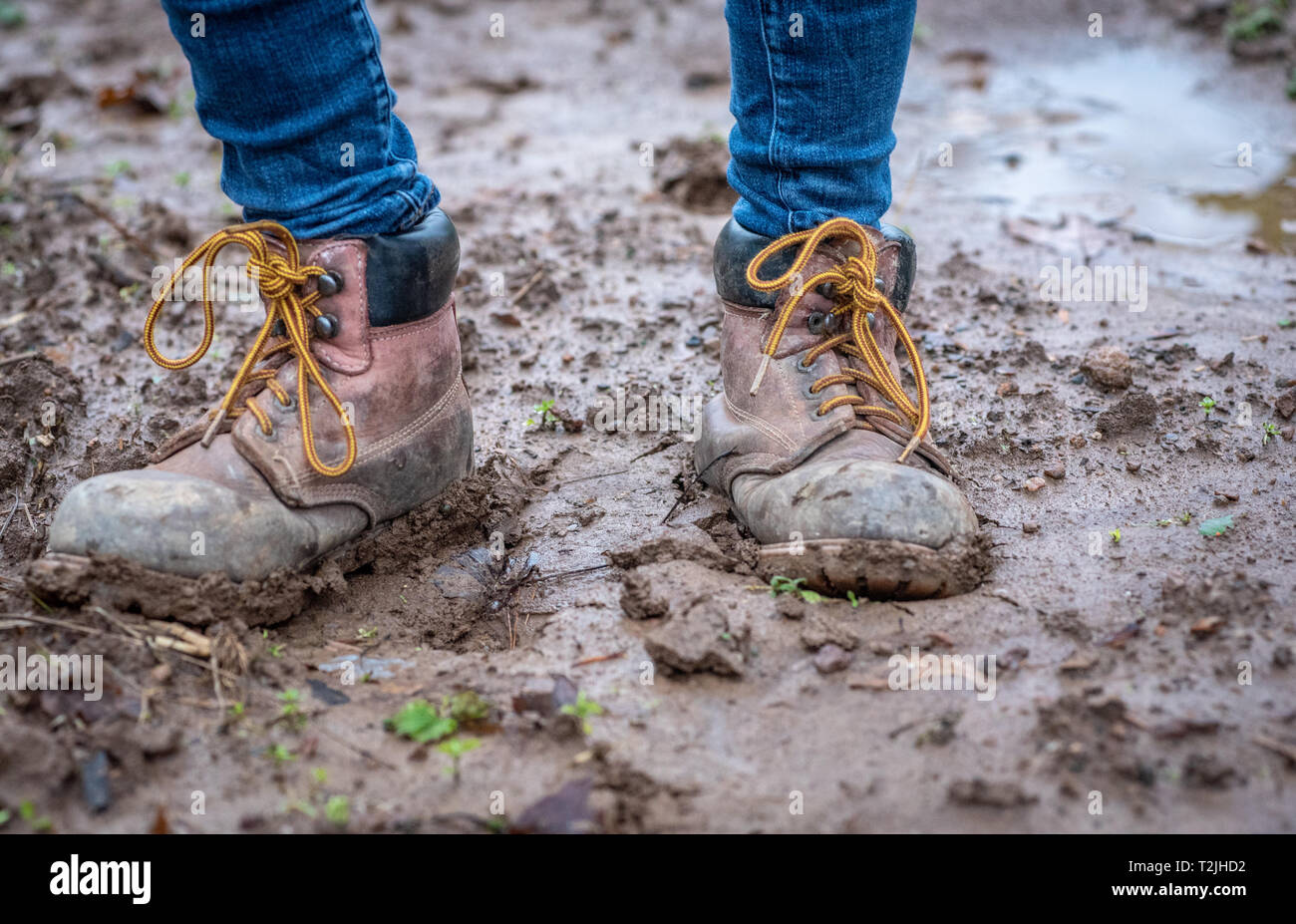 Bottes de travail d'une femme s'enfoncer dans le sol boueux mous, Fallston, Maryland Banque D'Images
