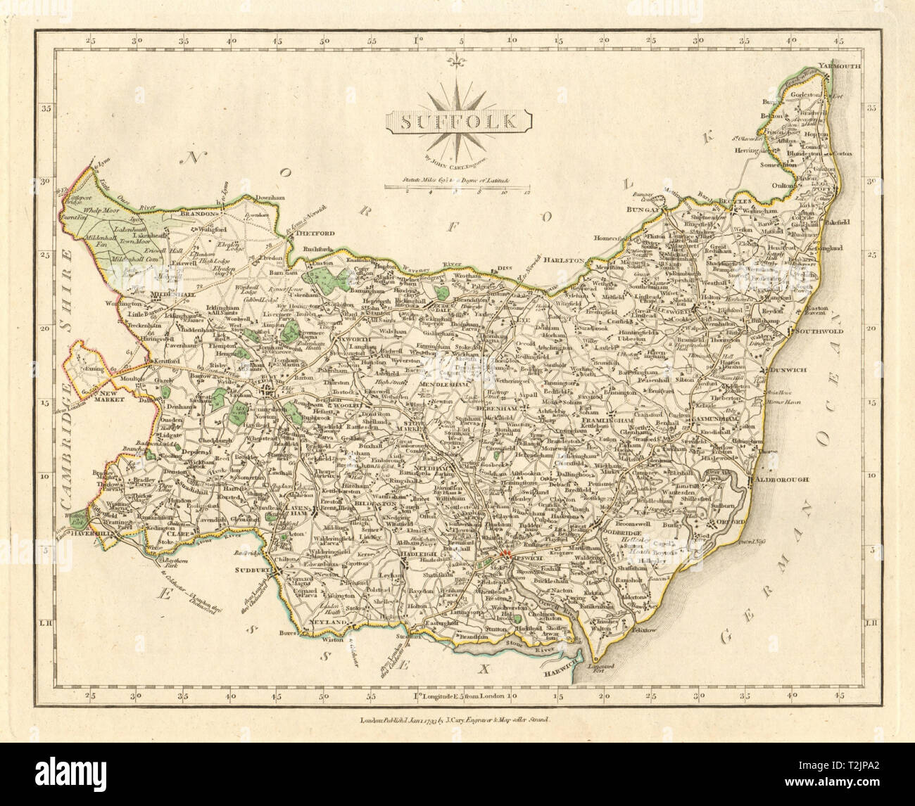 Carte du comté de Suffolk antique par JOHN CARY. Couleur de contour original 1793 Banque D'Images