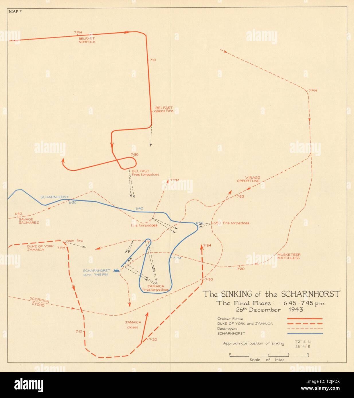 Naufrage le Scharnhorst. 26 décembre 1943. Phase finale 1954 old vintage map Banque D'Images