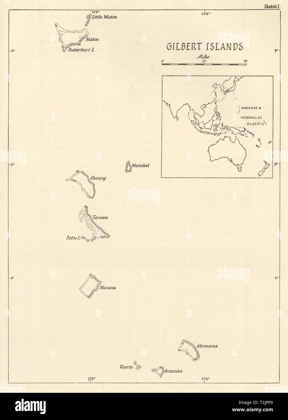 Les îles Gilbert 1943/44. De l'océan Pacifique. World War 2 1961 old vintage map Banque D'Images