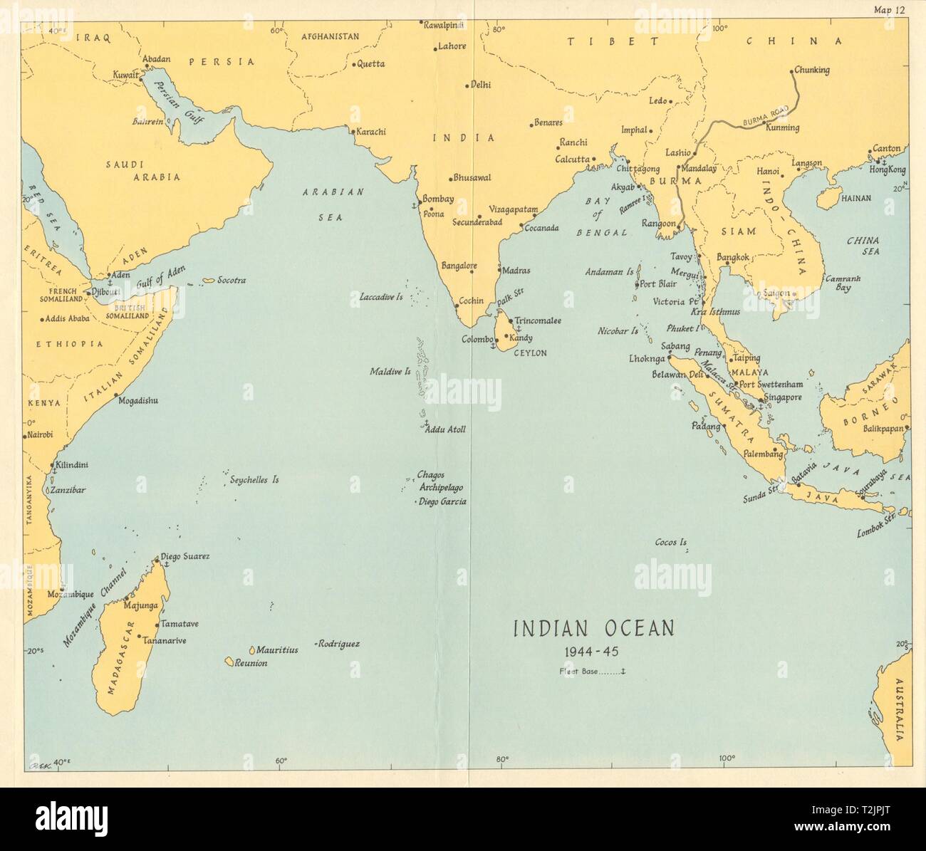 L'Océan indien en 1944-1945. La Seconde Guerre mondiale 2. Bases de la flotte navale 1965 old vintage map Banque D'Images