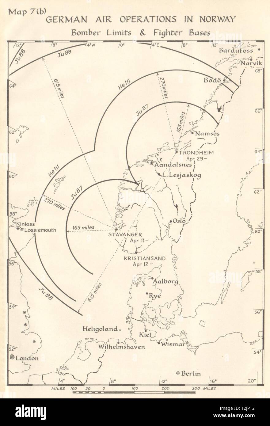 Norvège - German Air Operations 1940. Limites Bases de chasseurs bombardiers. WW2 1952 site Banque D'Images