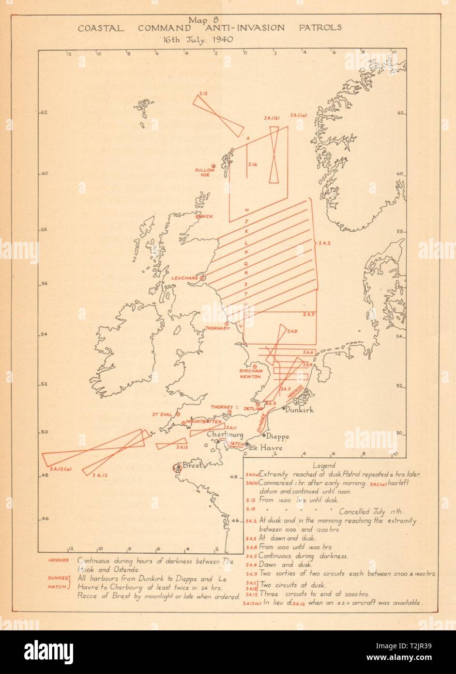 Le Coastal Command britannique patrouilles Anti-Invasion 16 juillet 1940. WW2 carte 1957 Sealion Banque D'Images