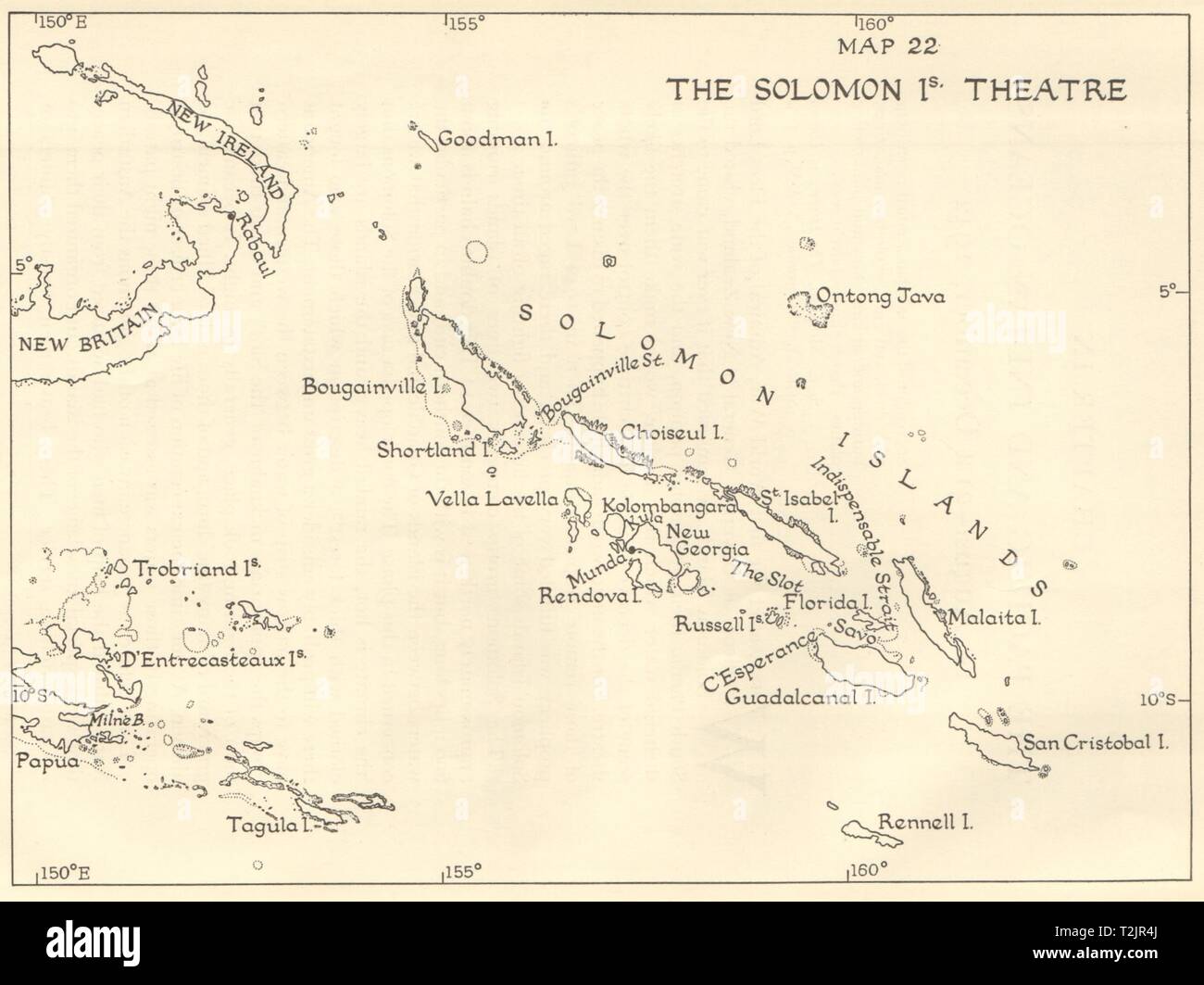La Seconde Guerre mondiale 2. Les Îles Salomon le théâtre. Pacifique 1956 old vintage carte graphique Banque D'Images