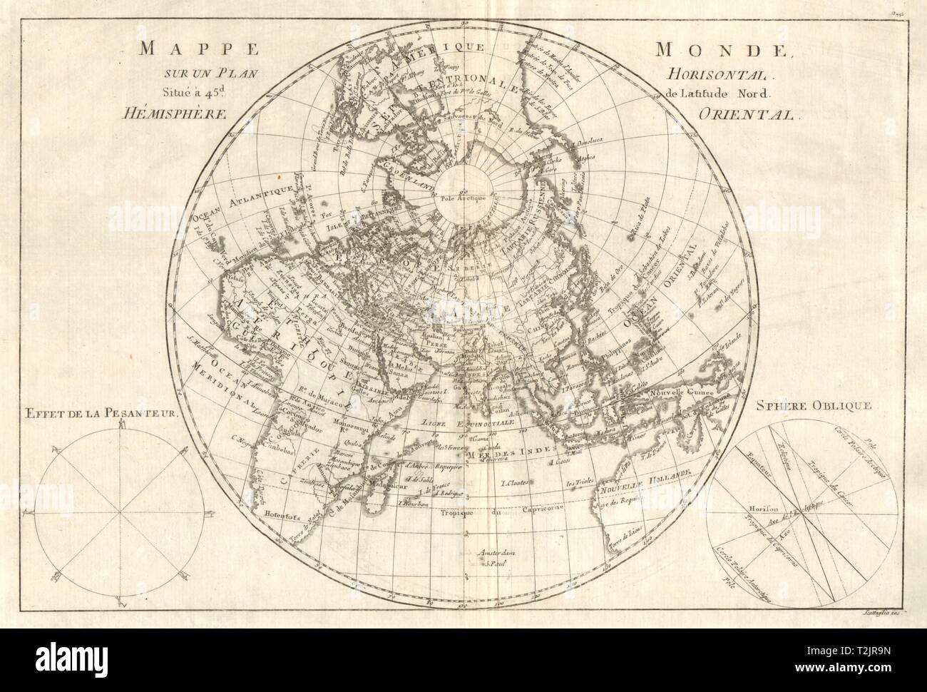 Mappe-monde sur le plan de l'ONU… battante à 45°N continent oriental. BONNE 1789 Banque D'Images