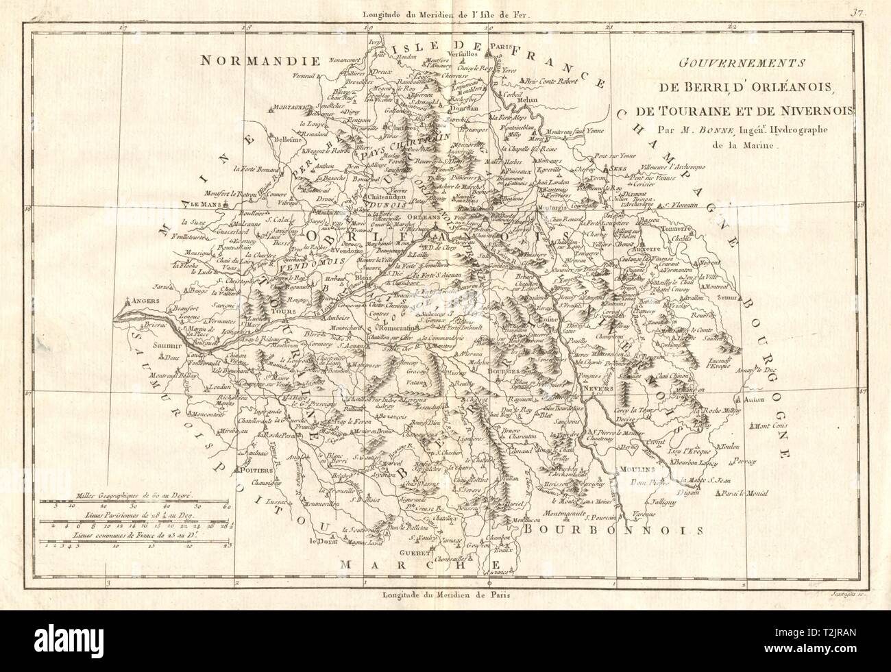 Gouvernements de Berri, d'Orléanois, de Touraine et de Nivernois. BONNE CARTE 1789 Banque D'Images