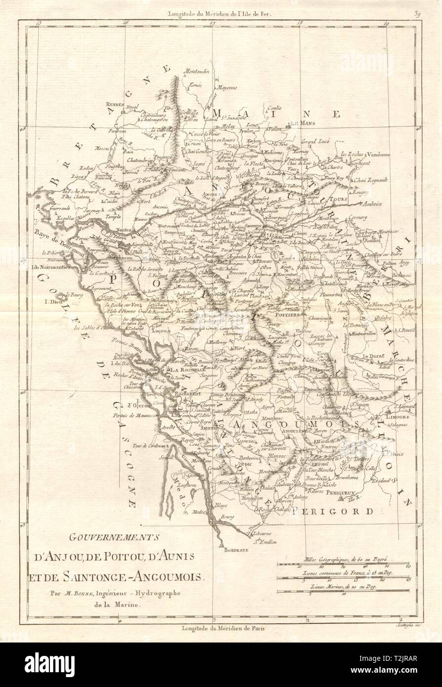 Gouvernements d'Anjou, de Poitou, d'Aunis & Saintonge-Angoumois. BONNE CARTE 1789 Banque D'Images