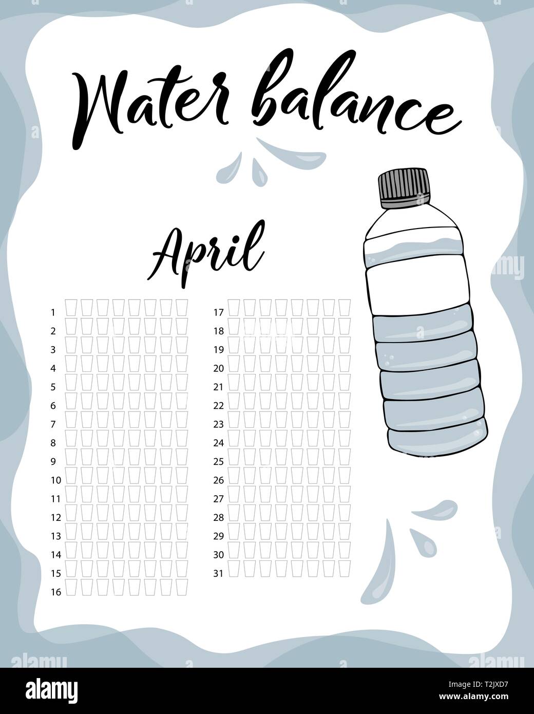 La consommation d'eau par semaine et mois d'avril. L'équilibre de l'eau Calendrier des vecteurs. Suivi mensuel de l'eau. Illustration de Vecteur