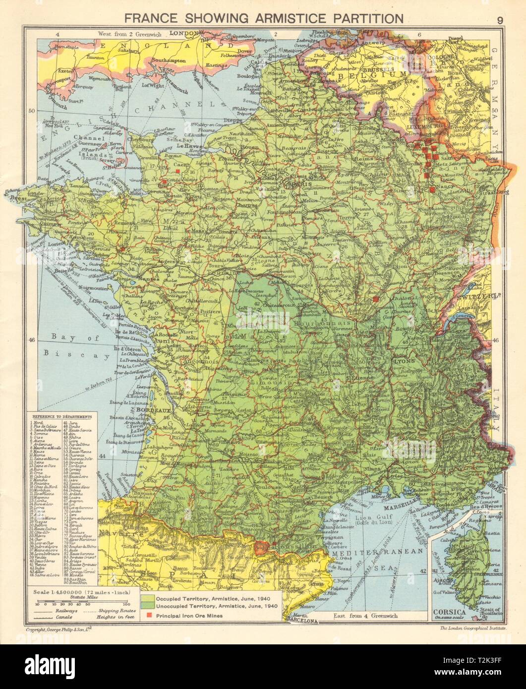 Seconde Guerre mondiale en France. Vichy et la France occupée par les Nazis. 1942 Armistice carte ancienne Banque D'Images