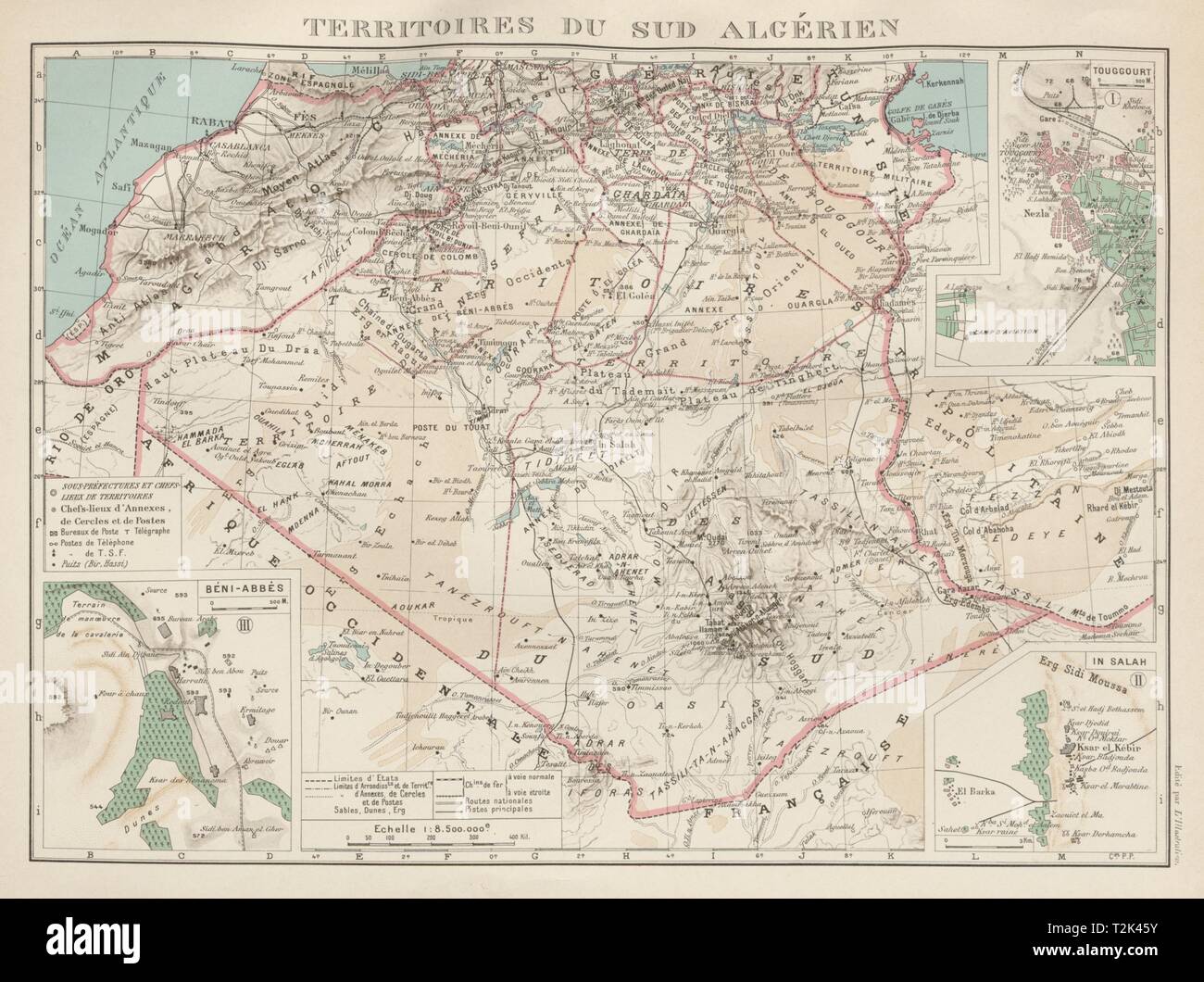 L'Algérie française. Territoires sud algerien. Béni-Abbès Touggourt Dans Salah 1929 map Banque D'Images