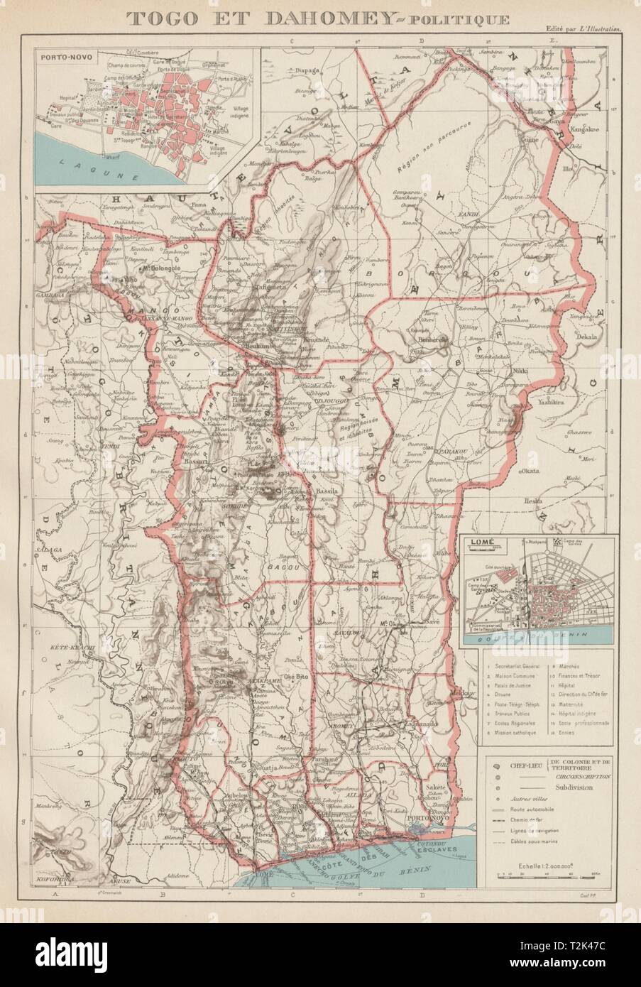 Le TOGO COLONIAL & bénin (Dahomey). Porto Novo & plans de la ville de Lomé ville carte 1929 Banque D'Images