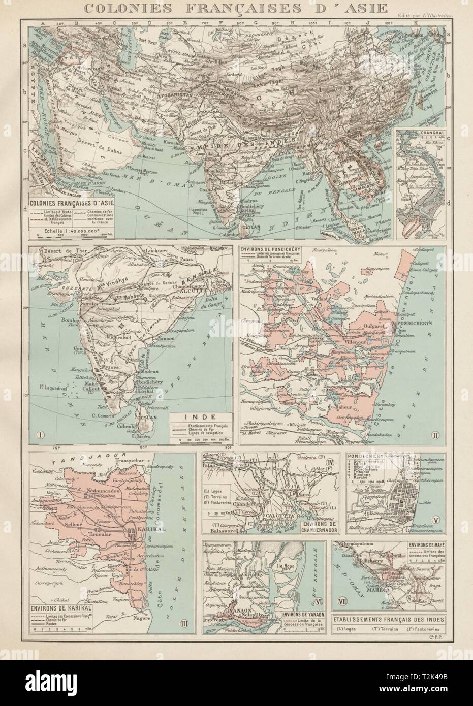 L'INDE Indes français english Pondichéry Karikal Yanaon Chandernagor Mahé 1929 map Banque D'Images