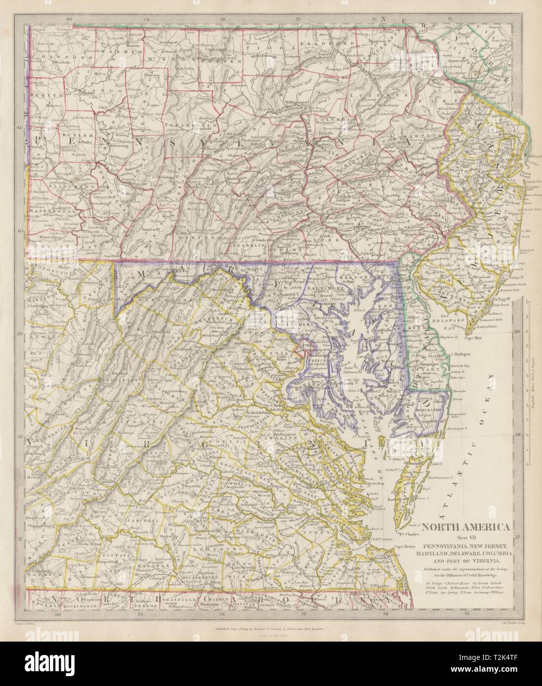 New Jersey Pennsylvanie Virginie Maryland Delaware baie de Chesapeake. Carte 1844 SDUK Banque D'Images