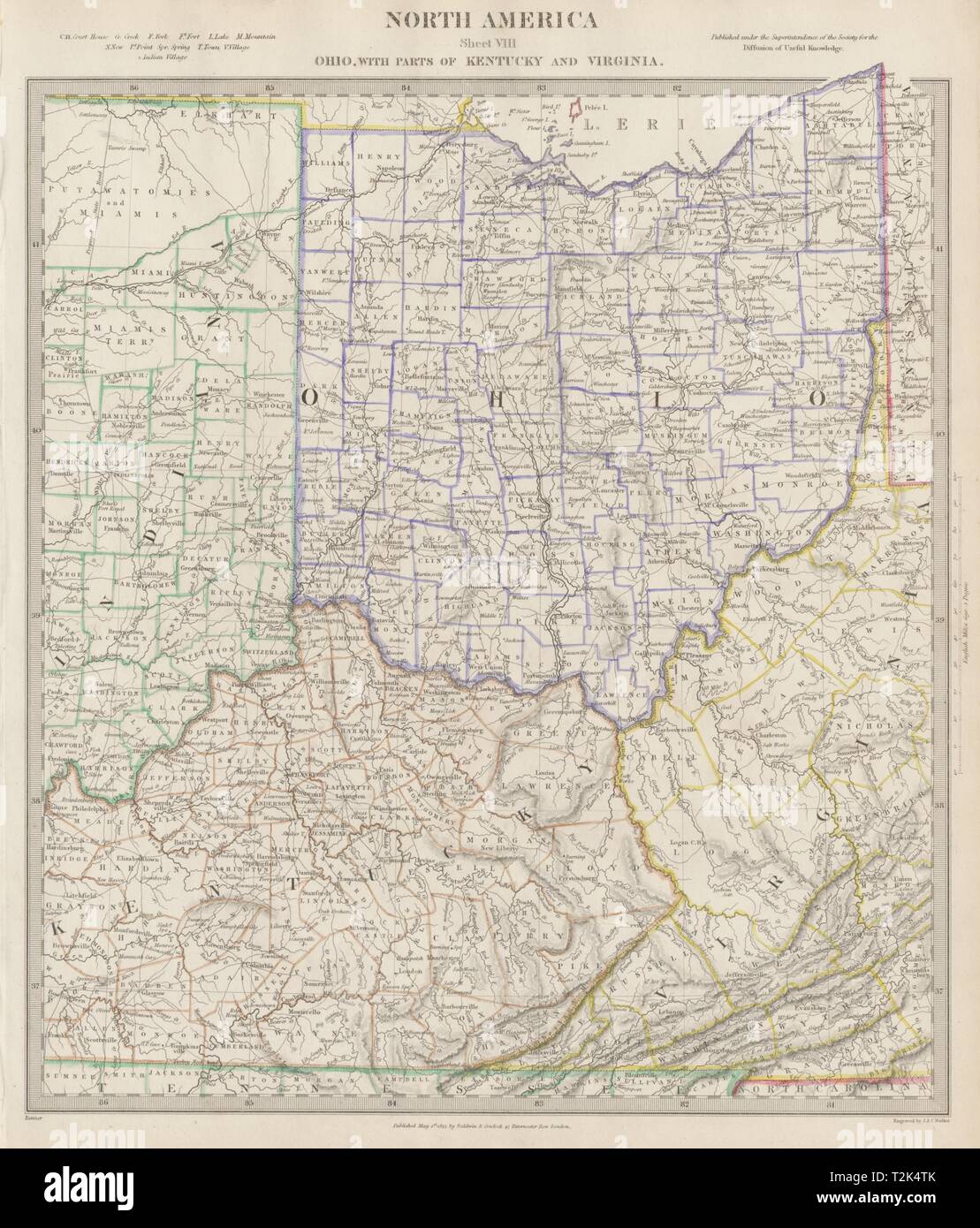 USA. Ohio & pièces de Kentucky, de la Virginie et de l'Indiana. Comtés. 1844 SDUK ancienne carte Banque D'Images