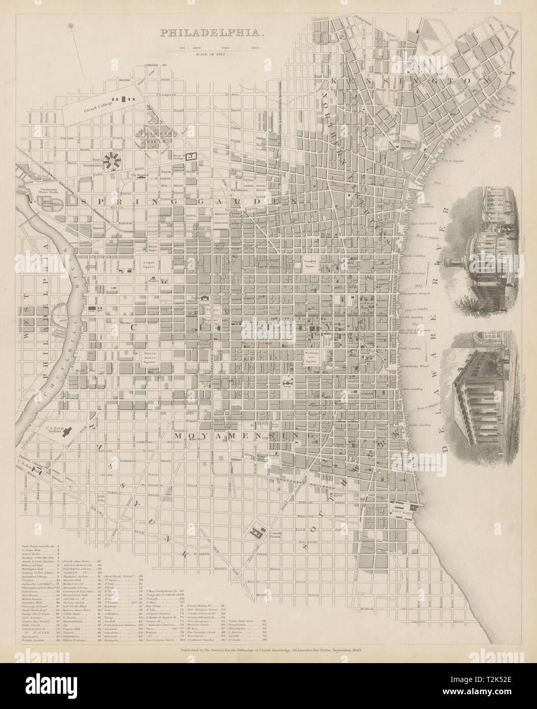 Ville antique de Philadelphie Plan de ville plan. Nous en médaillon, Banque d'échange. 1844 SDUK Banque D'Images