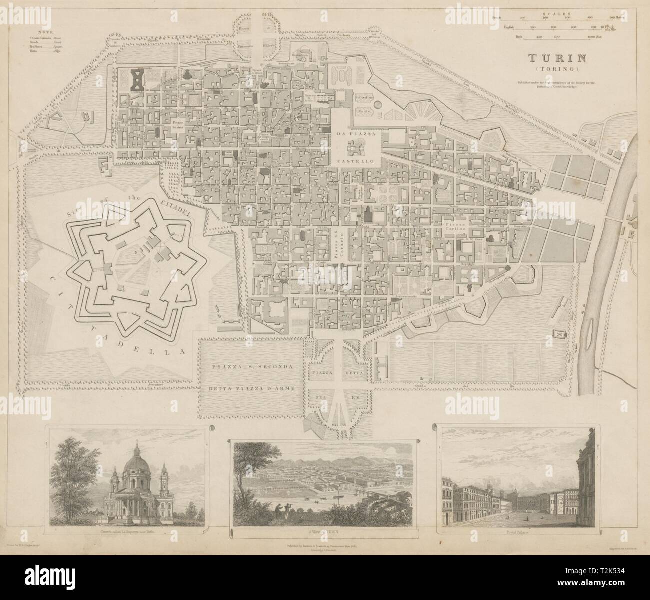 Turin Turin.ville antique plan de ville plan.Panorama.Superga.Palais Royal SDUK 1844 Banque D'Images
