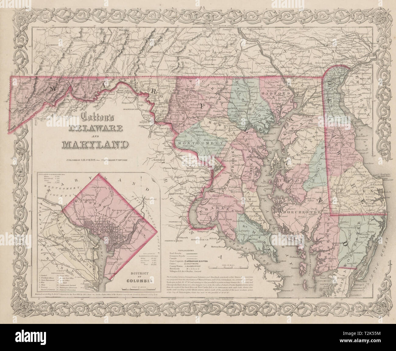 'Colton's du Delaware et du Maryland'. District de Columbia. Carte d'État des États-Unis 1863 Banque D'Images