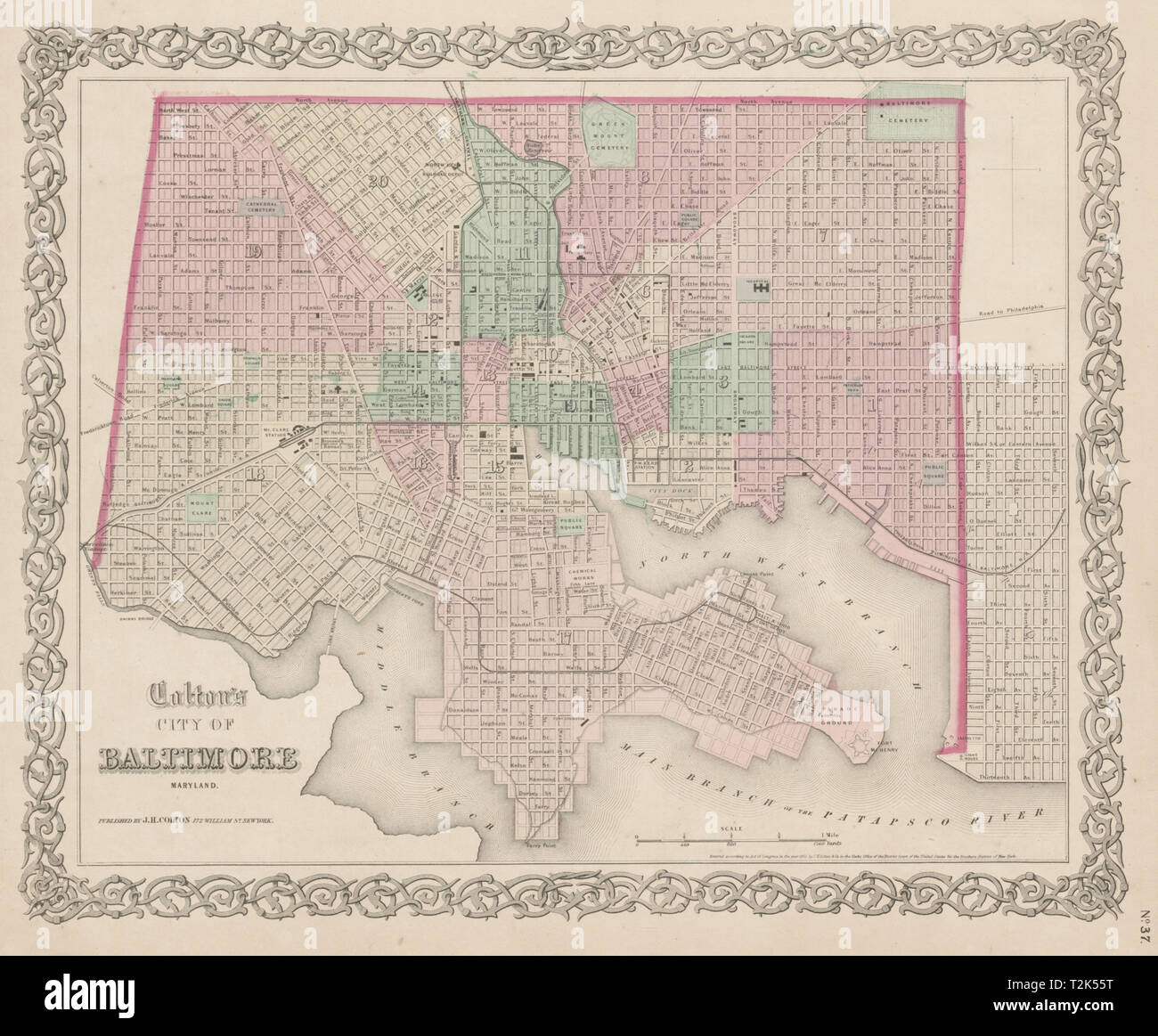 La ville de 'Colton de Baltimore, Maryland'. Ville antique de décoration 1863 plan du site Banque D'Images