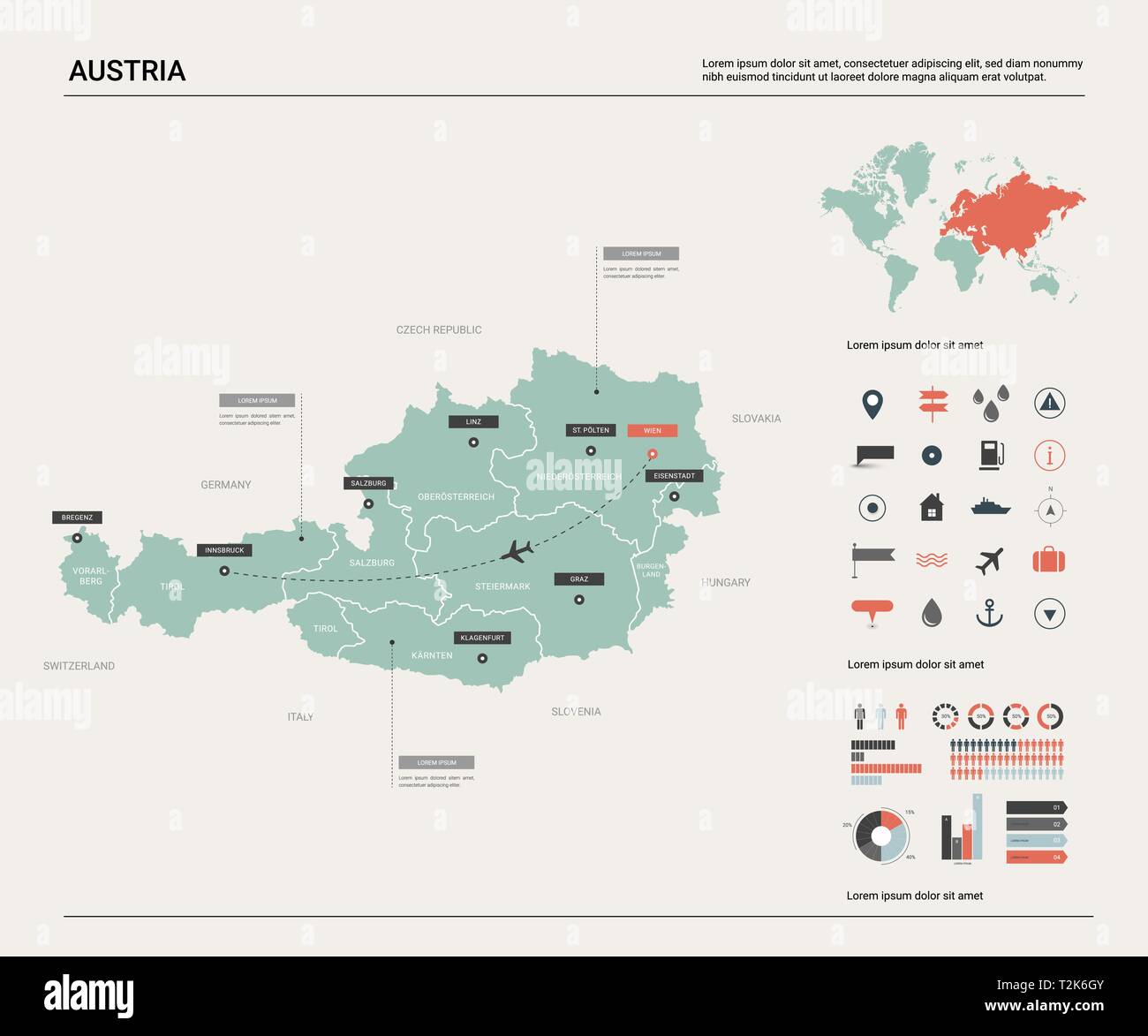 Carte vectorielle de l'Autriche . Carte détaillée avec des villes et des capitaux, la division de Vienne. Une carte politique, carte du monde, les éléments de l'infographie. Illustration de Vecteur