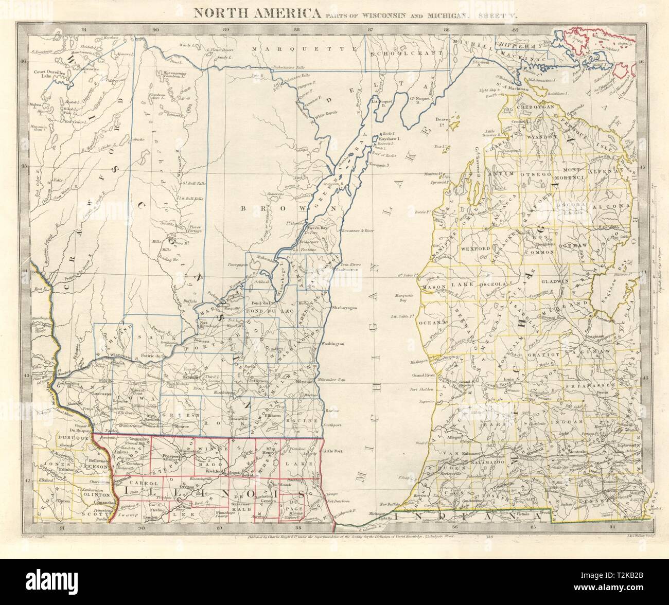 Le lac Michigan. Le Wisconsin. La Péninsule Supérieure du Michigan à l'exclusion. 1846 SDUK ancienne carte Banque D'Images