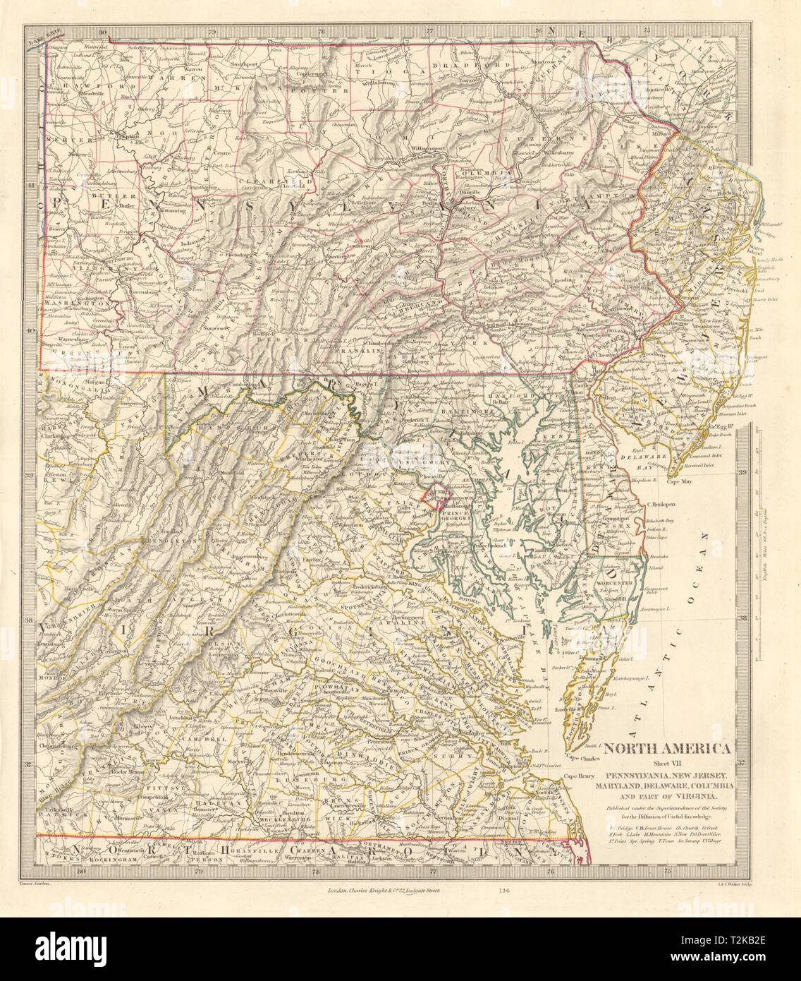 USA. New Jersey Pennsylvanie Virginie DC Maryland Delaware. 1846 SDUK ancienne carte Banque D'Images