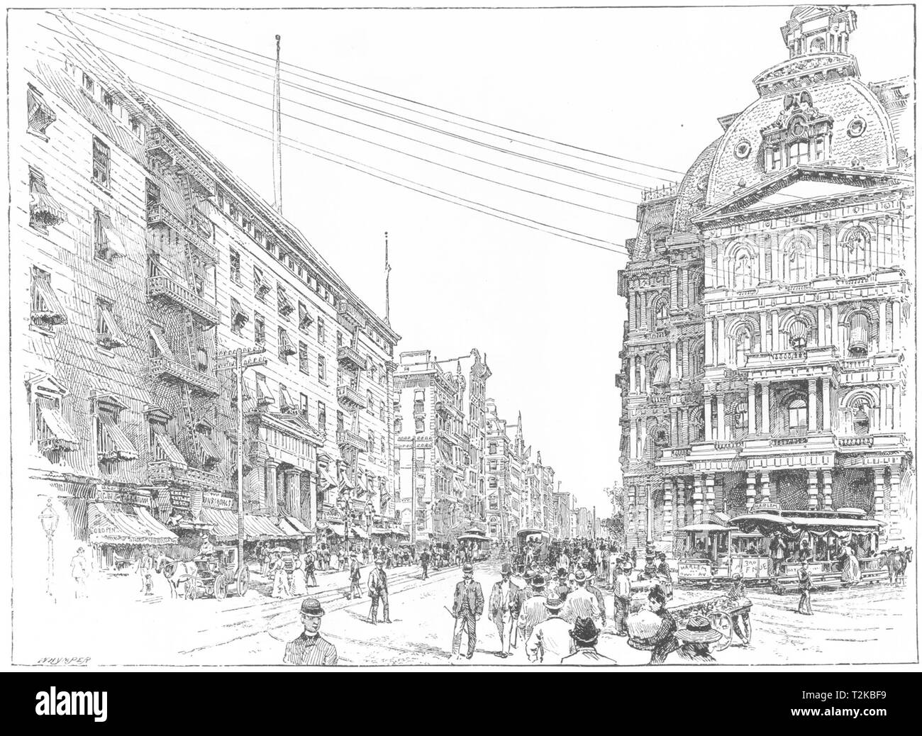 New York. Broadway, montrant l'Astor house et le bureau de poste 1891 old print Banque D'Images