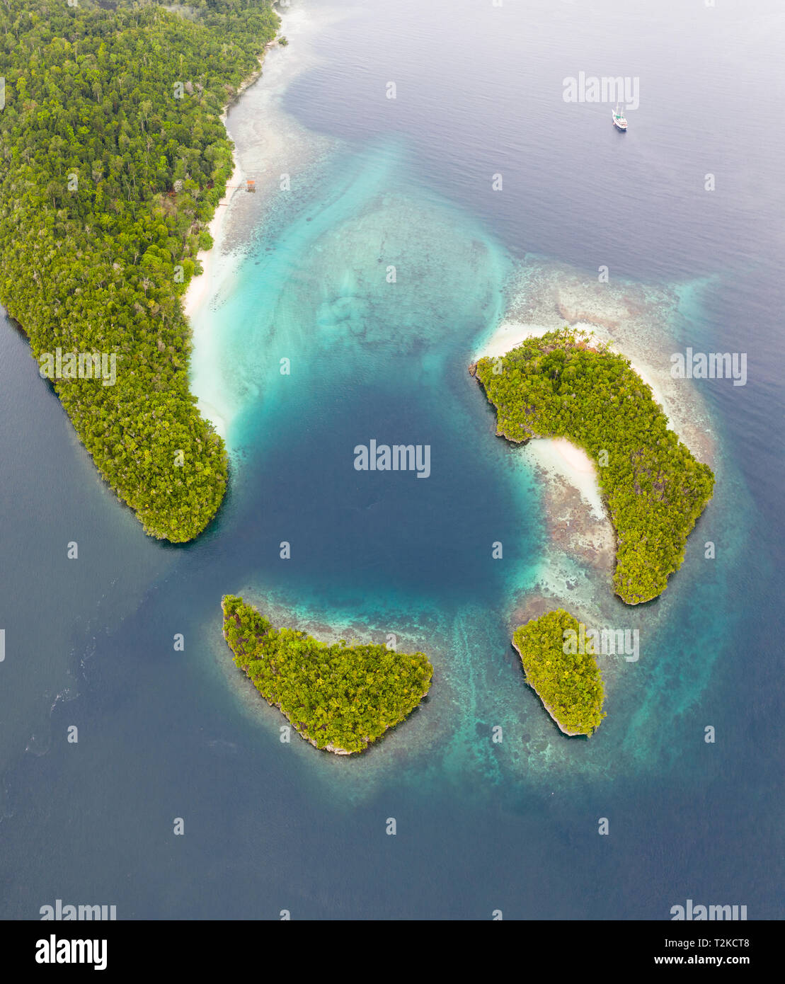 Îles de calcaire, entourée de récifs coralliens, se trouvent éparpillées dans les Raja Ampat seascape. Cette région est connue pour sa biodiversité marine. Banque D'Images